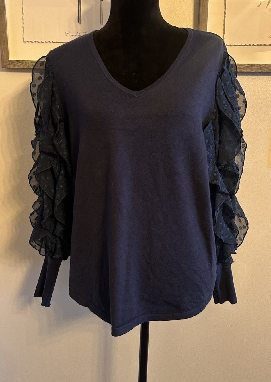Chicos Navy Blue Top Sheer Polka Dot Ruffle Sleeves V-Neck Size Large Artsy Glam